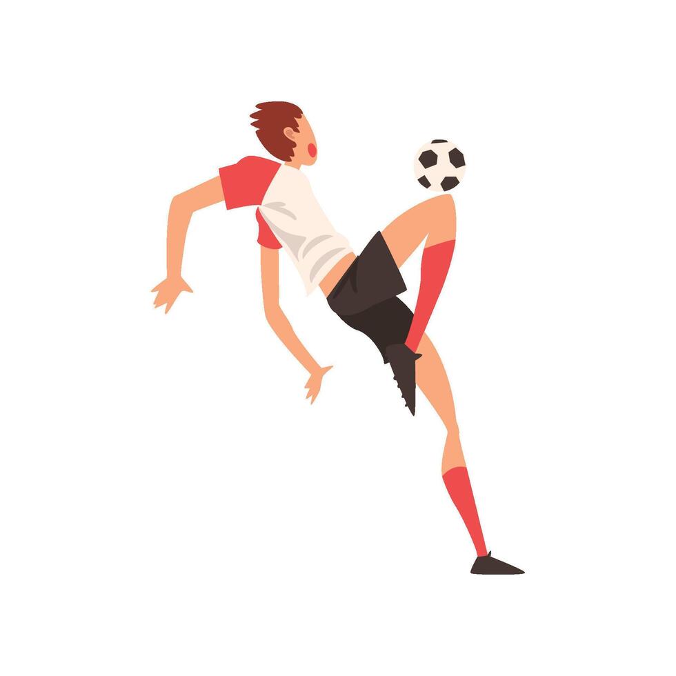 Professional Soccer Player Shooting Ball, Football Player Character in Uniform Training and Practicing Soccer Illustration vector