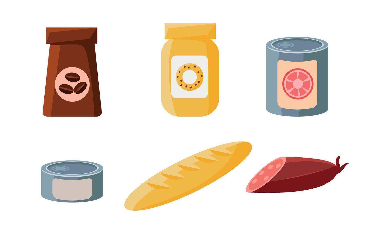 Food icons set, packaging of coffee, biscuits, cans, loaf, sausage Illustration vector