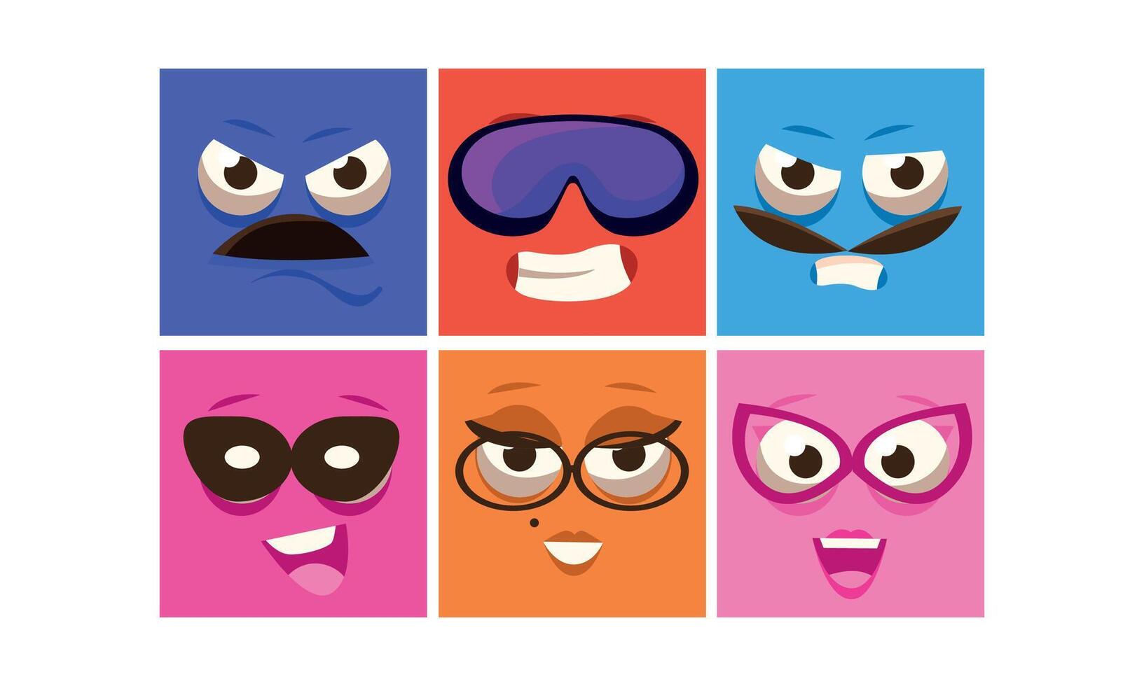 Colorful square faces with different emotions set, funny emoji, emoticons Illustration vector