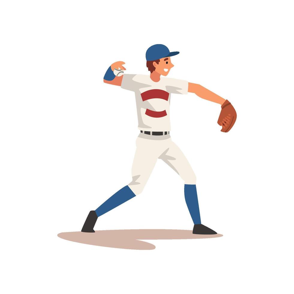 Pitcher Throwing Ball, Baseball Player Character in Uniform Illustration vector