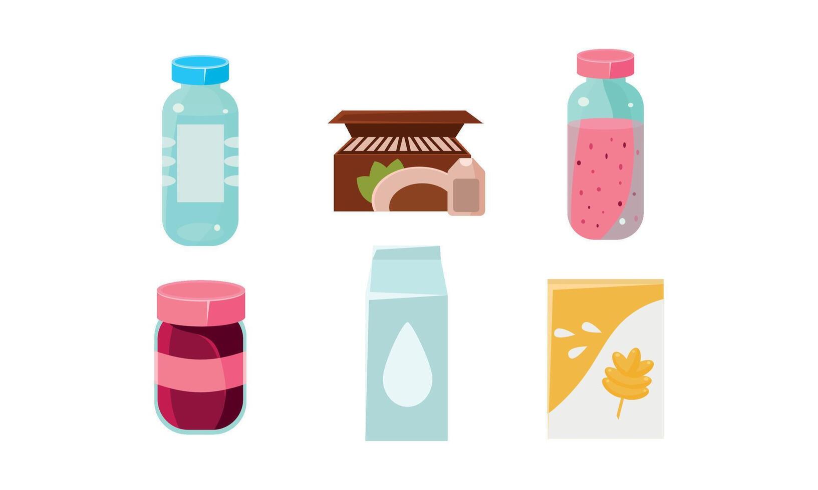Food icons set, grocery products in plastic and cardboard packaging Illustration vector