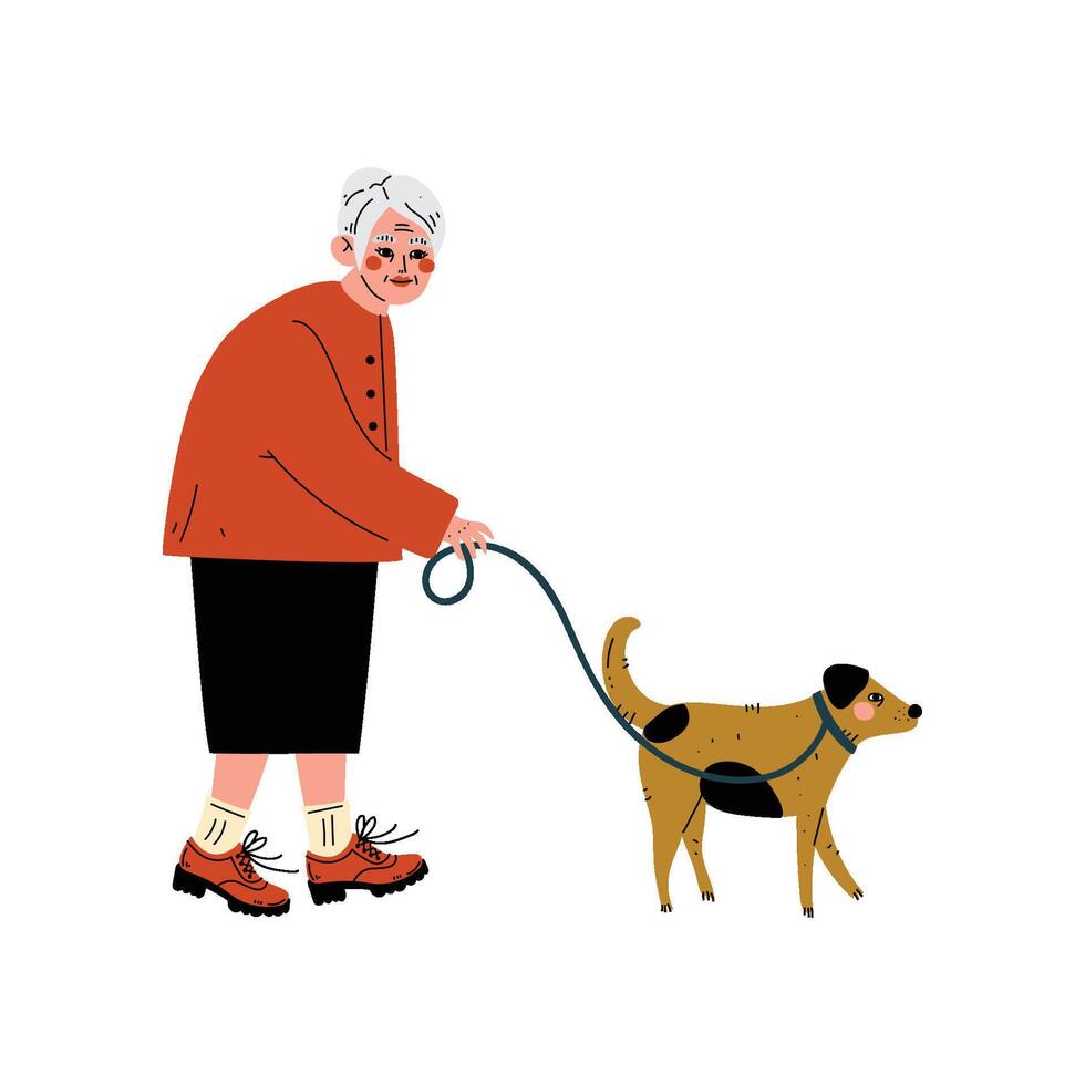 Senior Woman Walking with Her Dog, Old Lady and Her Animal Pet, Elderly Woman Daily Activity Illustration vector