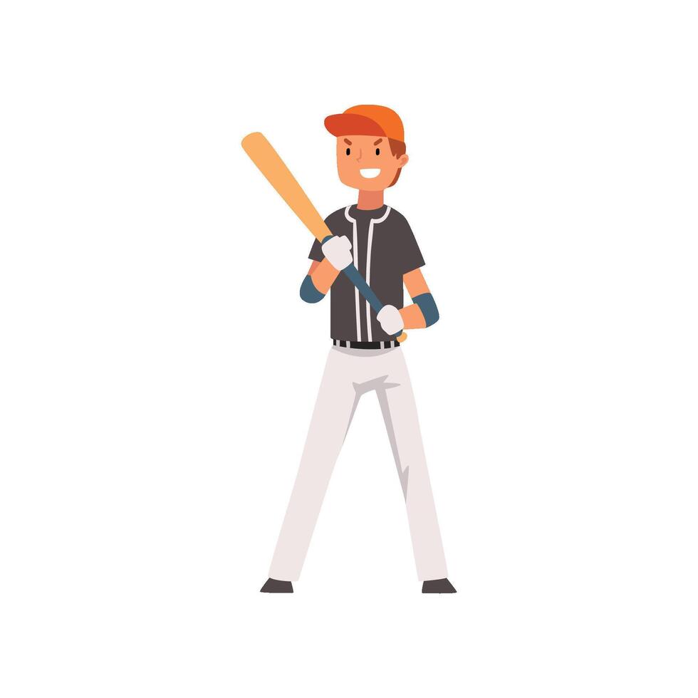 Smiling Baseball Player Standing with Bat and Ball, Softball Athlete Character in Uniform Illustration vector