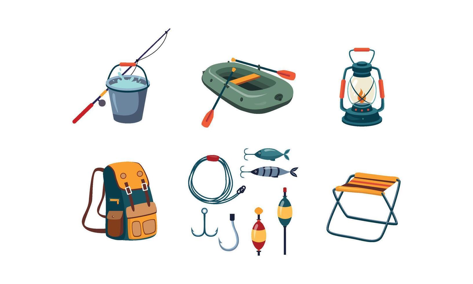 Fishing and camping icons set, bucket and fishing rod, rubber boat, kerosene lamp, backpack, hook, bobber, bait, folding chair Illustration vector