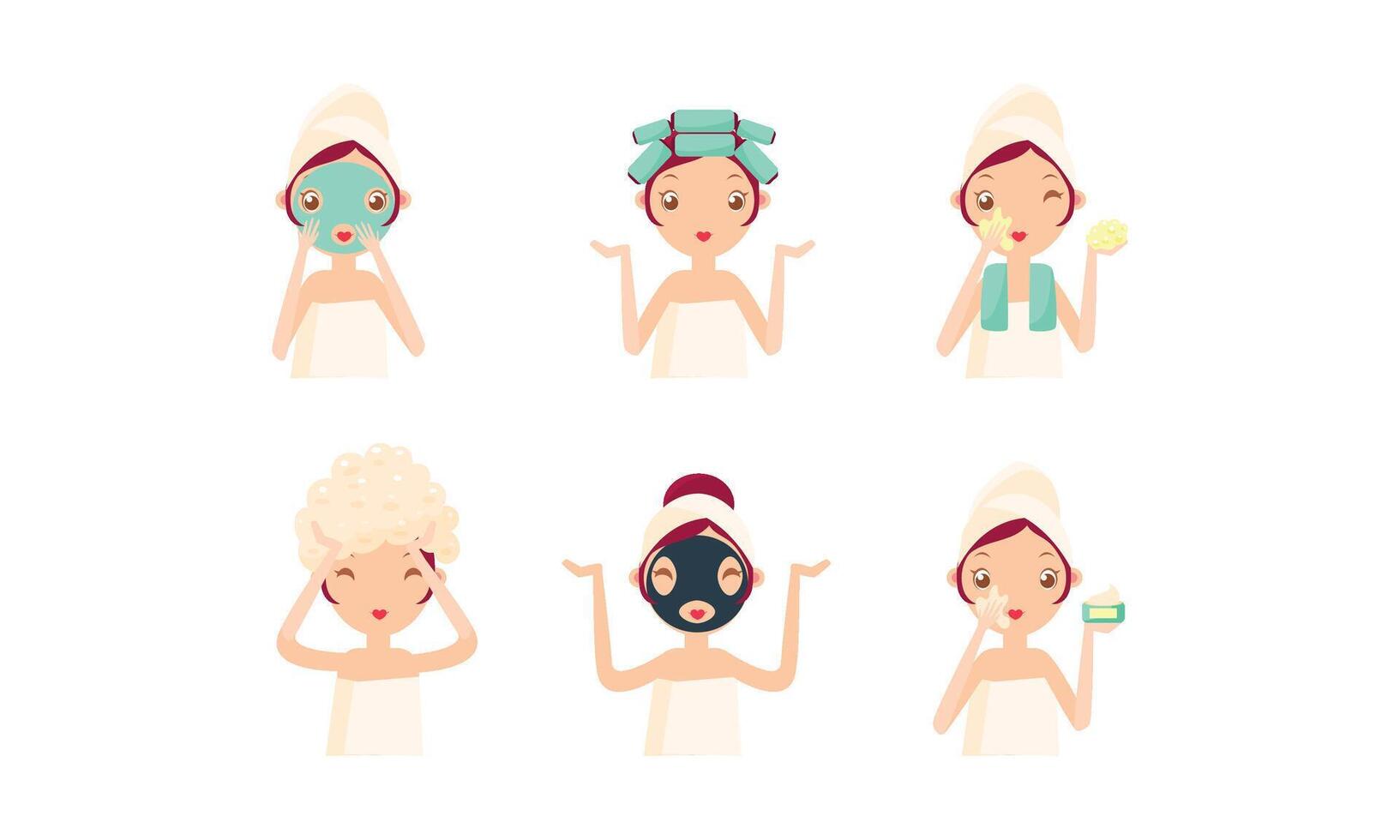 Young woman cleaning and caring her face and hair set, facial treatment, hygiene, Illustration vector