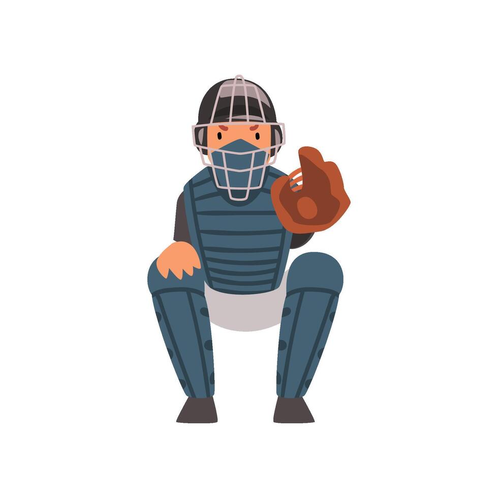 Catcher Waiting for Ball, Baseball Player Character in Uniform and Helmet Illustration vector