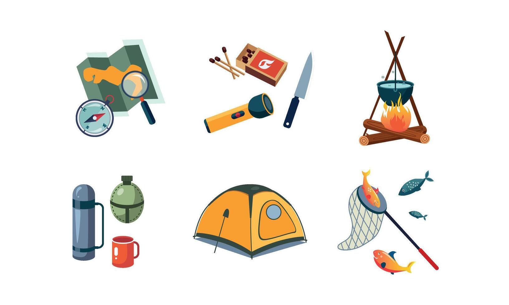 Fishing and camping icons set, map, compass, flashlight, tent, cauldron, box of matches, knife, thermos, box, flask, mug Illustration vector