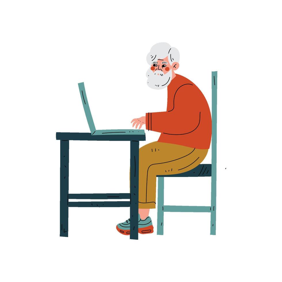 Elderly Man Working with Laptop Computer, Bearded Senior Man Daily Activity Illustration vector