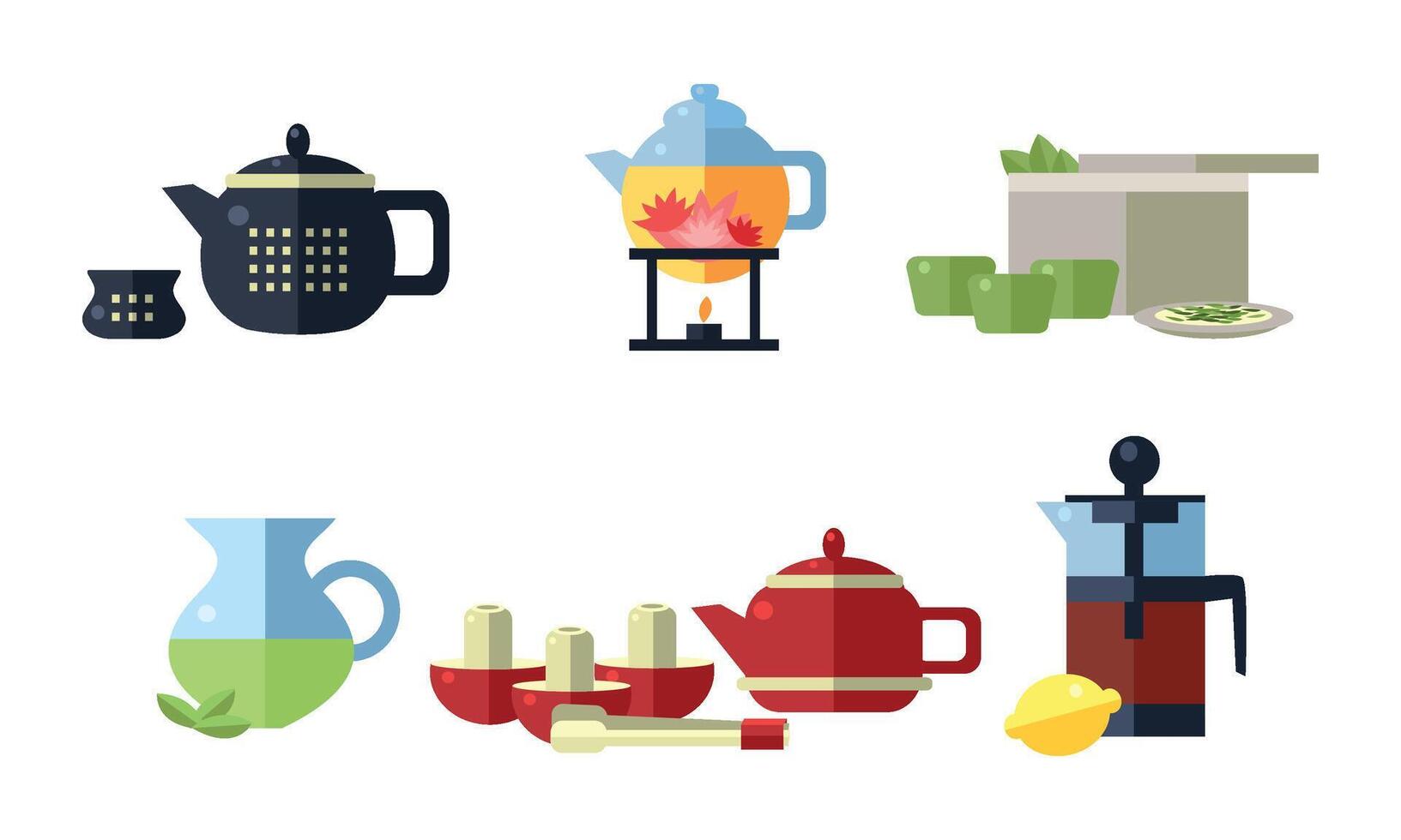 Collection of tea ceremony accessories, cups, teapots, tea party equipment Illustration vector