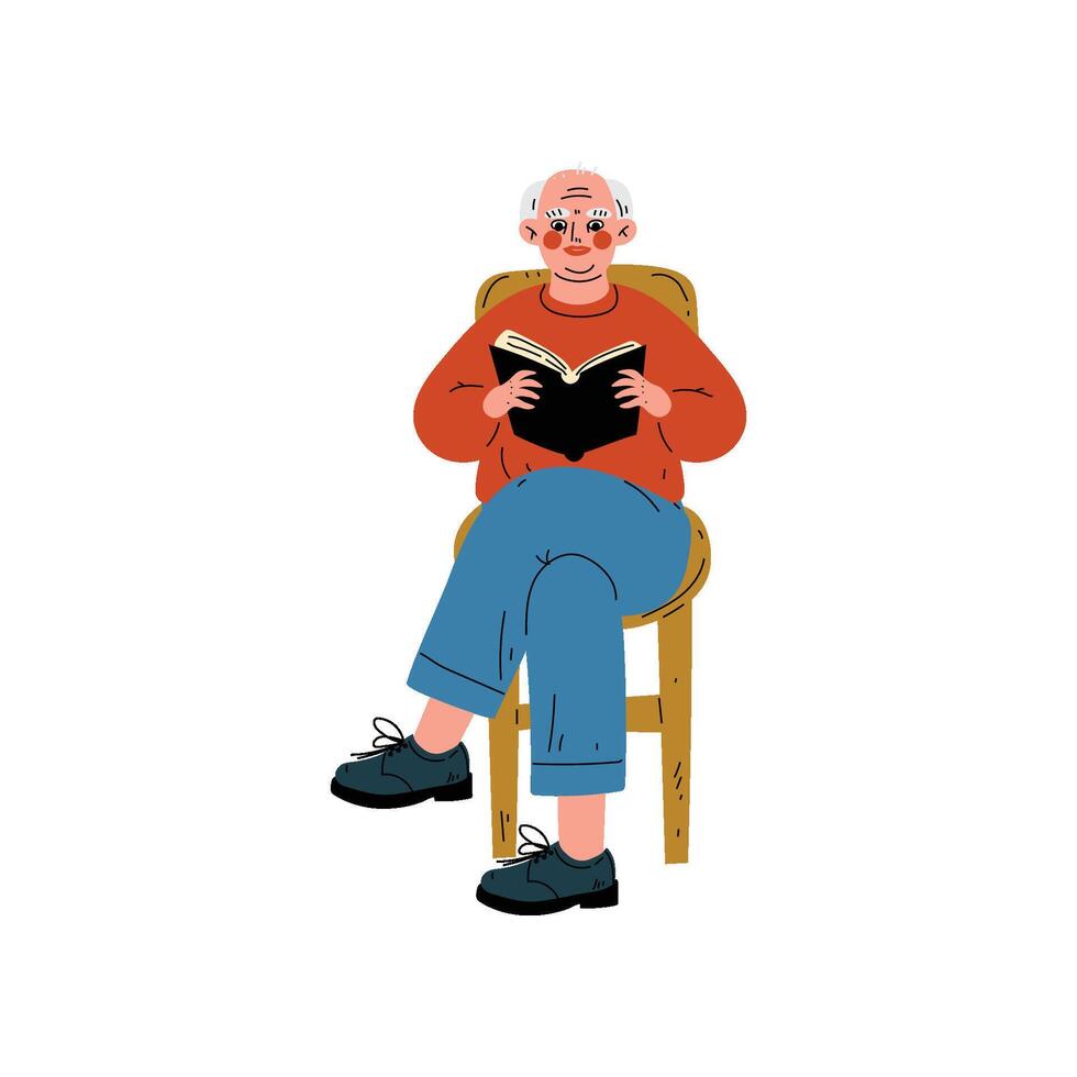 Elderly Man Sitting on Chair Reading Book, Senior Man Daily Activity Illustration vector