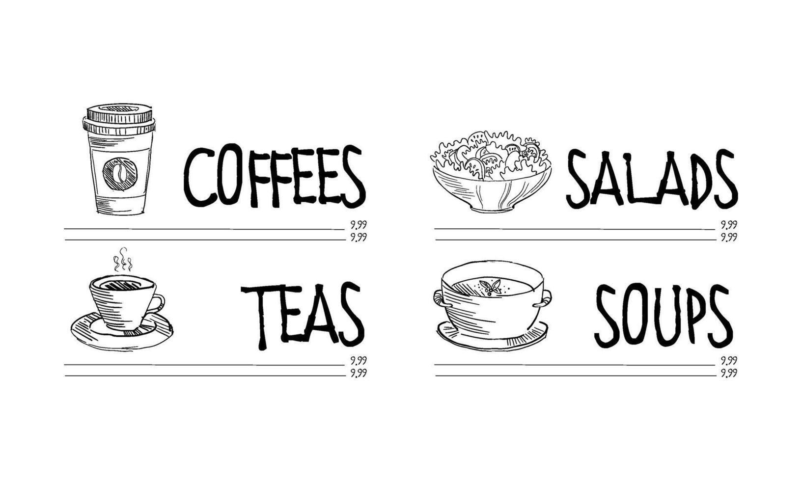 Cafe or restaurant menu template with cup of hot coffee and tea, bowl of tasty salad and soup. Hand drawn design vector