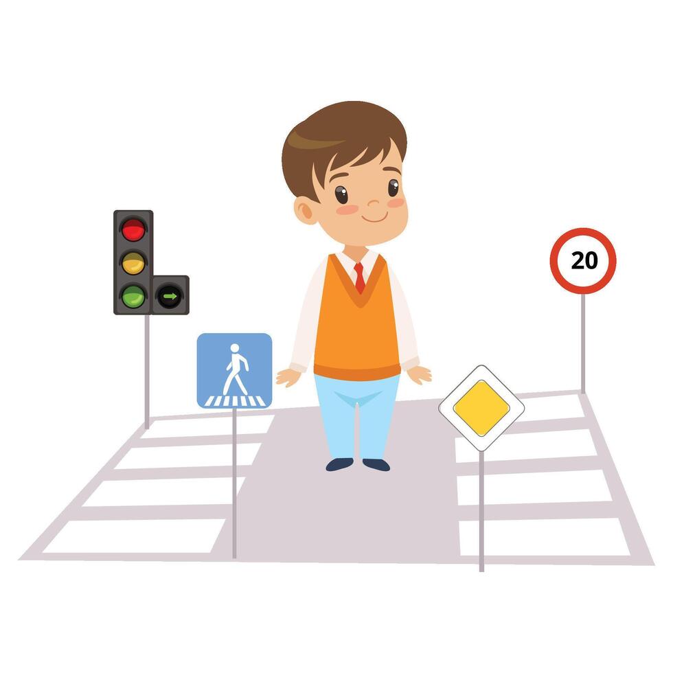 Cute Boy and Road Signs, Child Learning Rules of Road, Safety of Kids in Traffic Illustration vector
