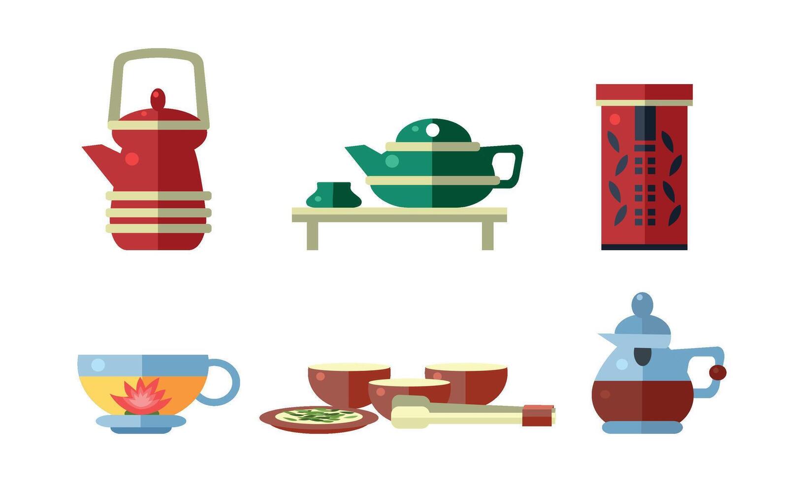 Tea ceremony accessories set, teapot, tea cups, Illustration vector