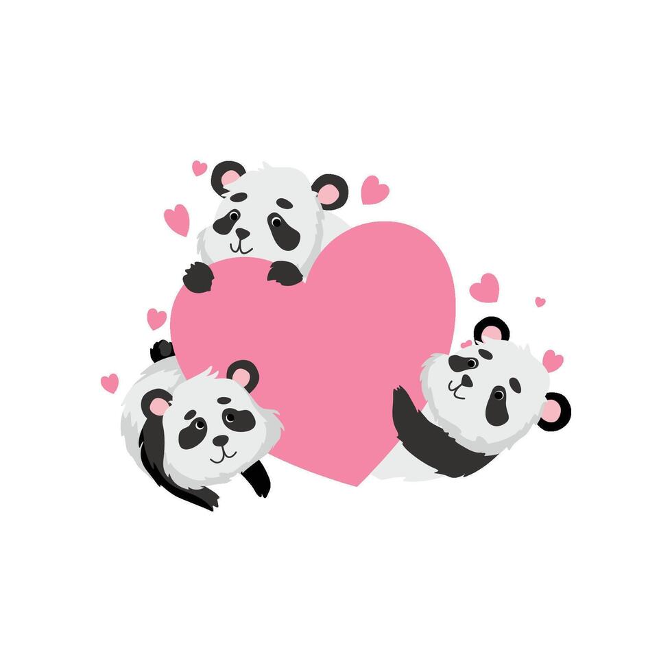 Cute Panda Bears Holding Pink Heart, Happy Lovely Animal Character Illustration vector