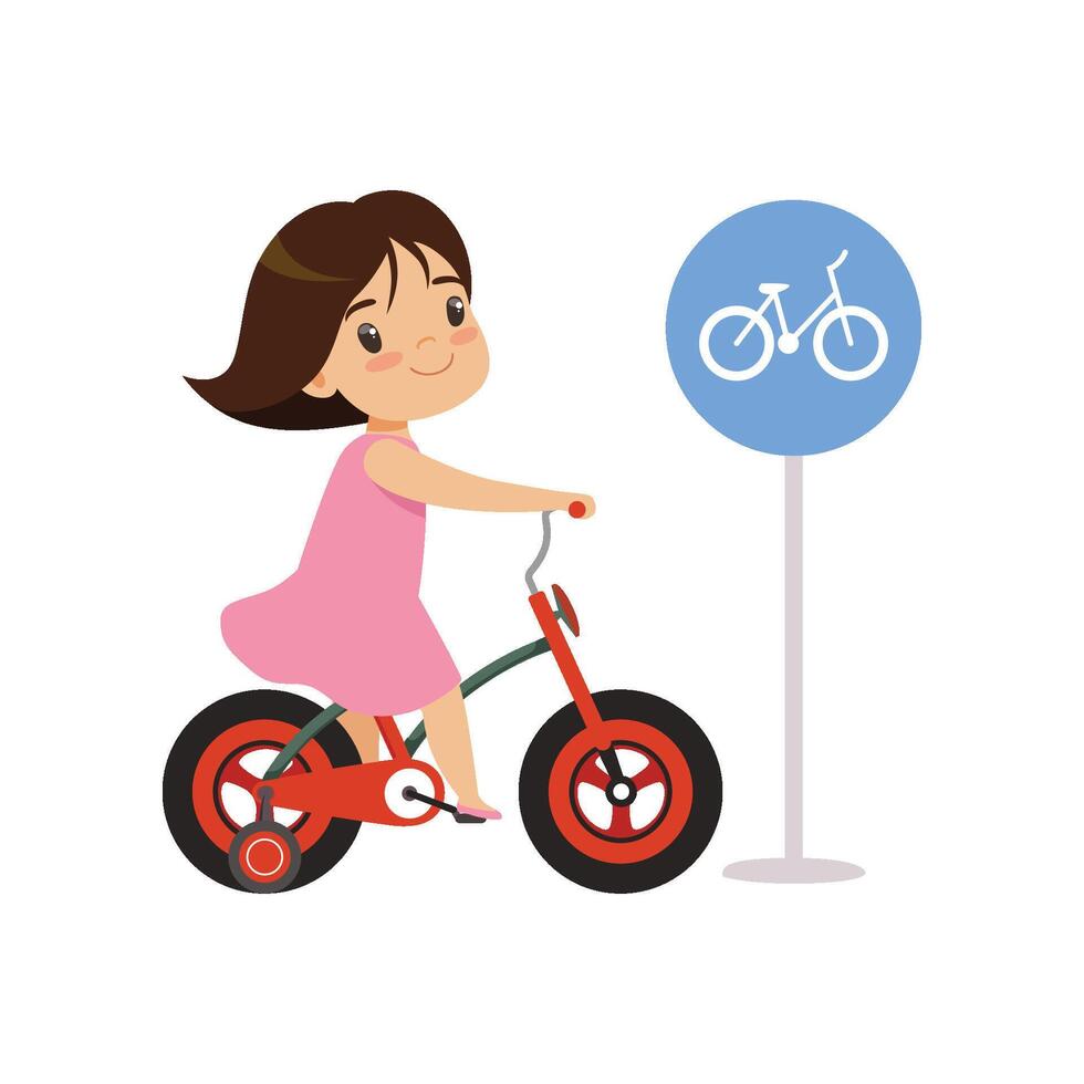 Girl Riding Bike, Bicycles Only Road Sign, Traffic Education, Rules, Safety of Kids in Traffic Illustration vector