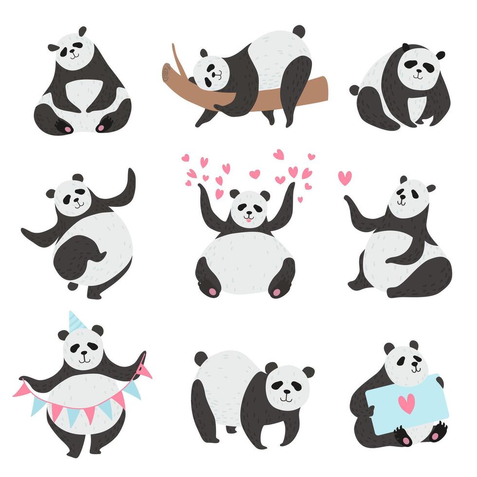 Cute Panda Bear Set, Funny Animal Character Panda in Different Poses Illustration vector