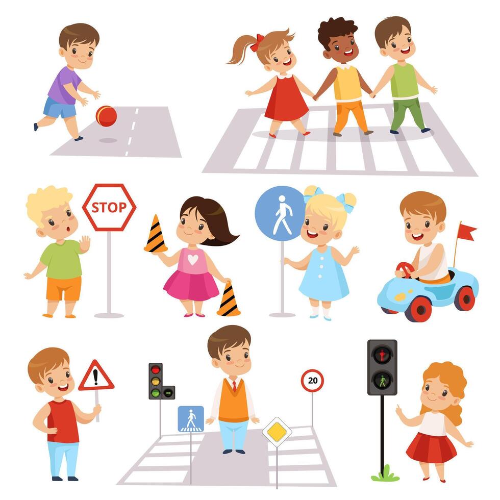 Cute Smiling Boys and Girls Crossing Streets and Learning Road Signs set, Traffic Education, Rules, Safety of Kids in Traffic Illustration vector