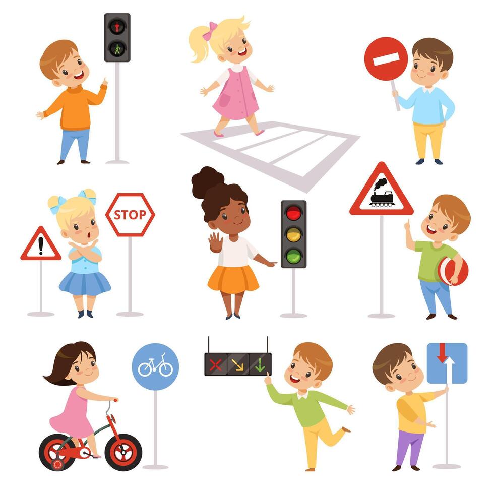 Cute Smiling Boys and Girls Child Learning Rules of Road set, Traffic Education, Rules, Safety of Kids in Traffic Illustration vector