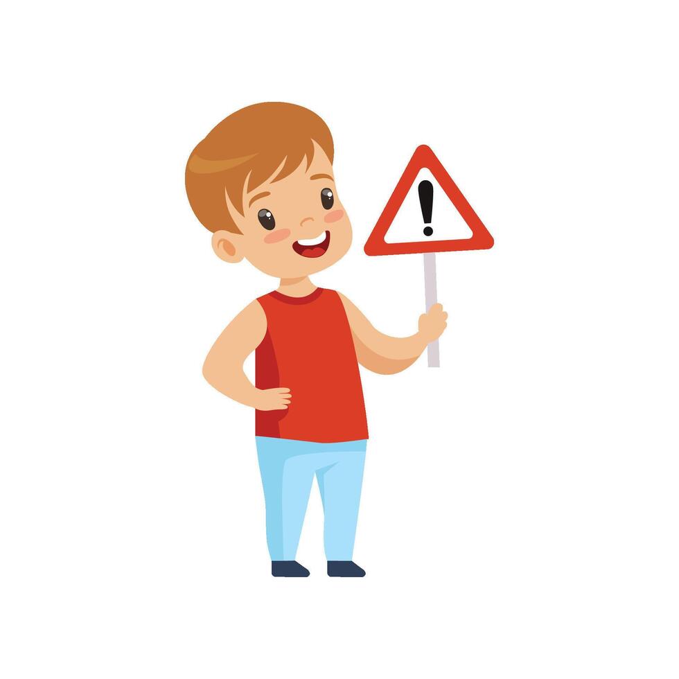 Cute Smiling Boy Holding Triangle Warning Road Sign,Traffic Education, Rules, Safety of Kids in Traffic Illustration vector