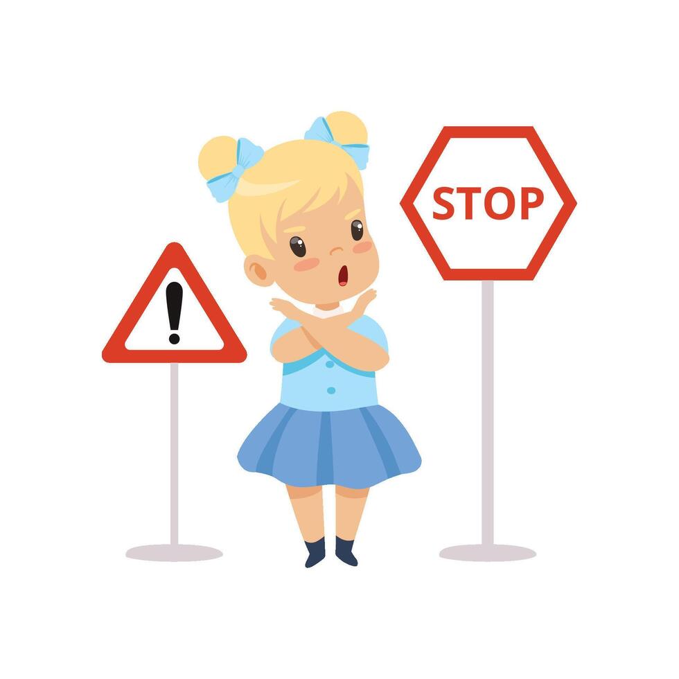 Cute Girl and Warning Road Signs, Traffic Education, Rules, Safety of Kids in Traffic Illustration vector