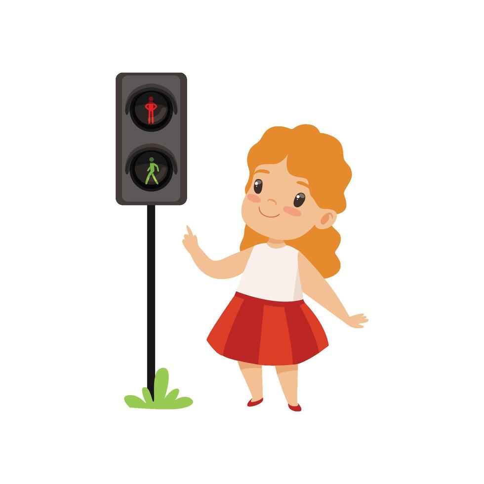 Lovely Girl Pointing Finger at Pedestrian Traffic Light, Traffic Education, Rules, Safety of Kids in Traffic Illustration vector