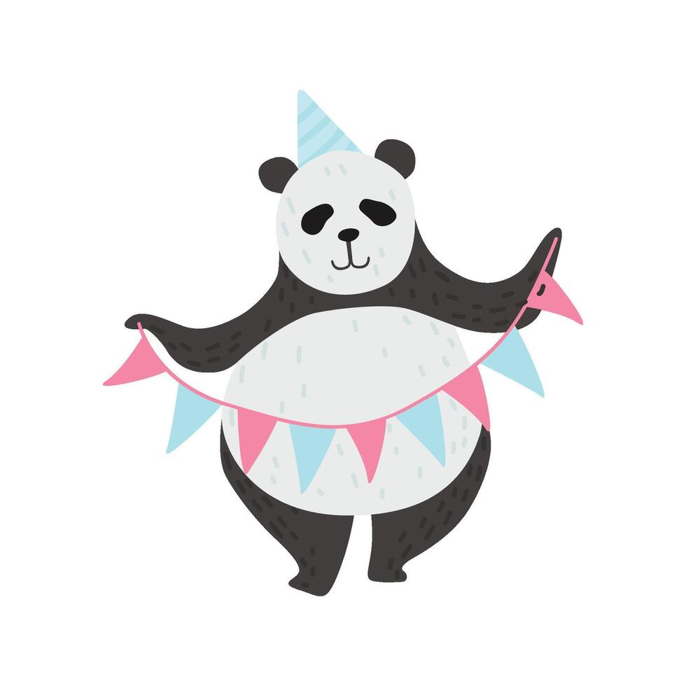Cute Panda Bear Wearing Party Hat Holding Party Flags, Happy Lovely Animal Character Illustration vector