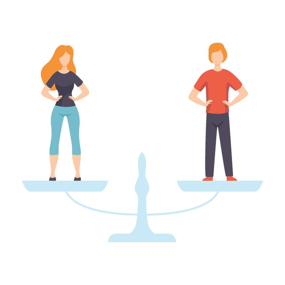 Young Man and Woman Standing on Scales, Equal Rights of People, Gender Equality in Society Illustration vector