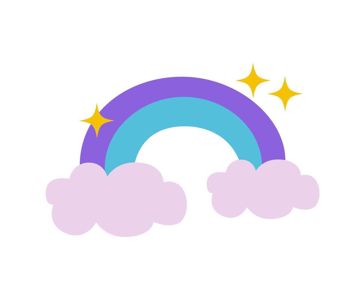 Rainbow with clouds icon, symbol around sparkles in y2k style. Retro illustration element, clip-art isolated on white background vector