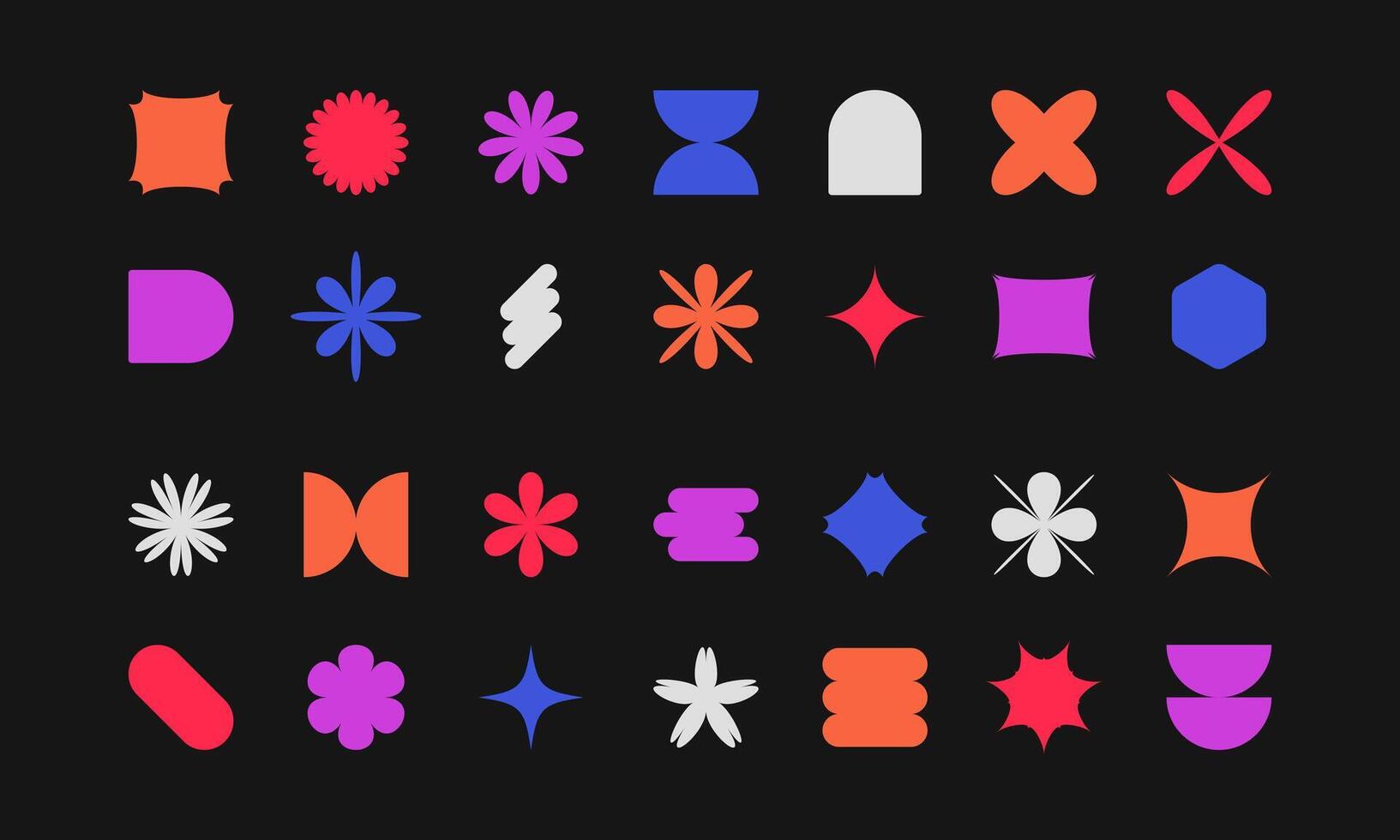Set of brutalist abstract geometric shapes, elements, figures. Modern stars, flowers, simple forms design on dark background vector