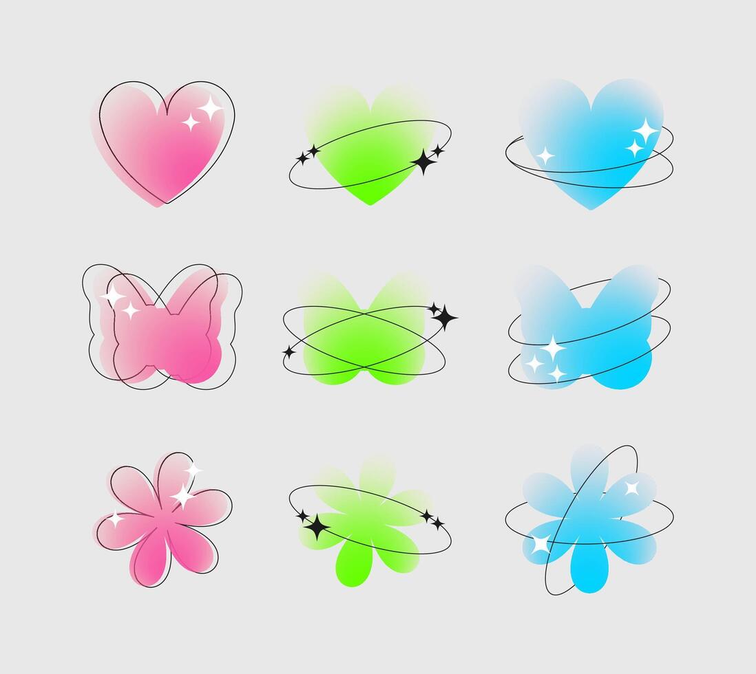 Set of blurred gradient abstract shapes, butterfly, flower, heart in y2k style with sparkles. Template graphic clip art , aesthetic design elements vector
