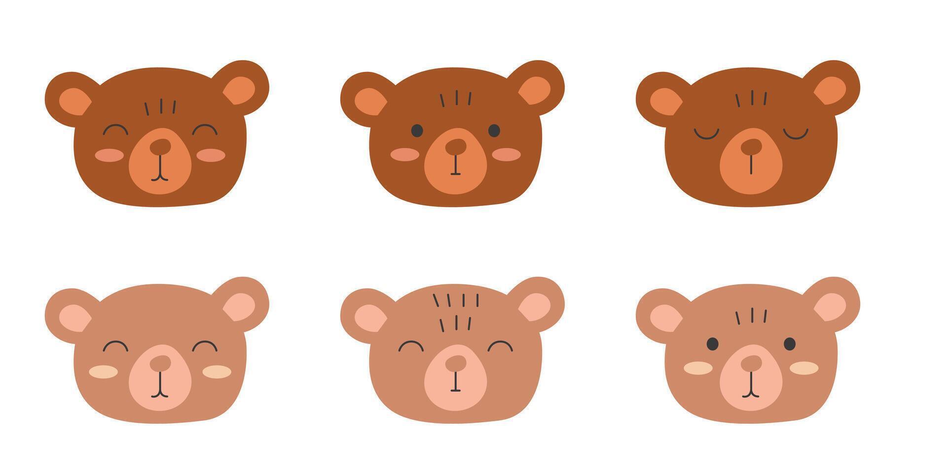 Cute bear faces in boho style. Funny animal character isolated on white background. Illustration print for baby, nursery, kids, design, card vector