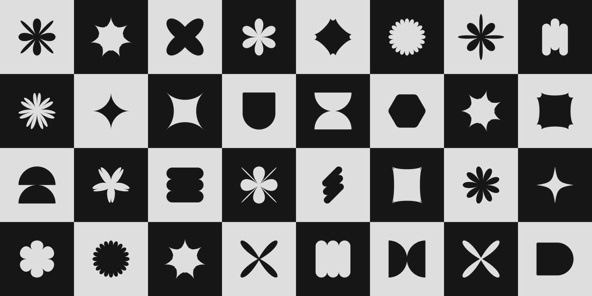 Abstract geometry mosaic with shapes, elements, figures. Modern brutalism design cover of stars, flowers, simple forms on chessboard background vector