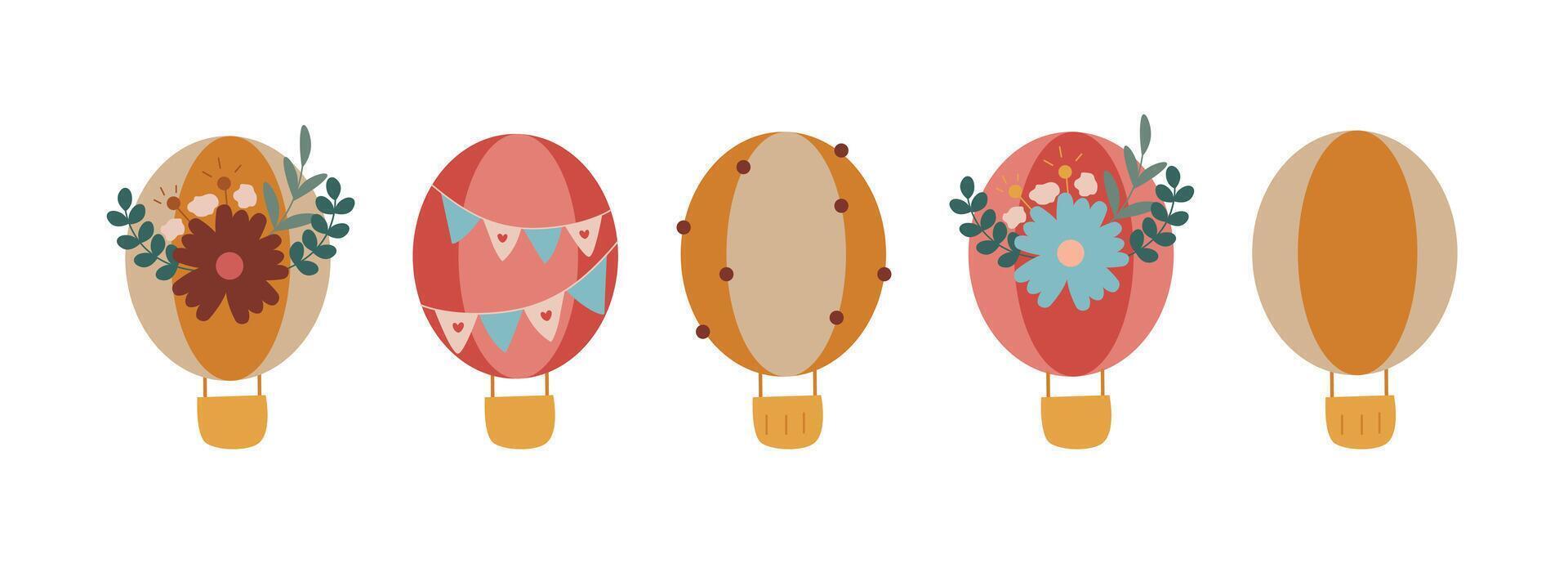 Set of hot air ballons in boho style. Five cartoon ballons clip art illustration, scandinavian design for card, poster, print, decorative vector
