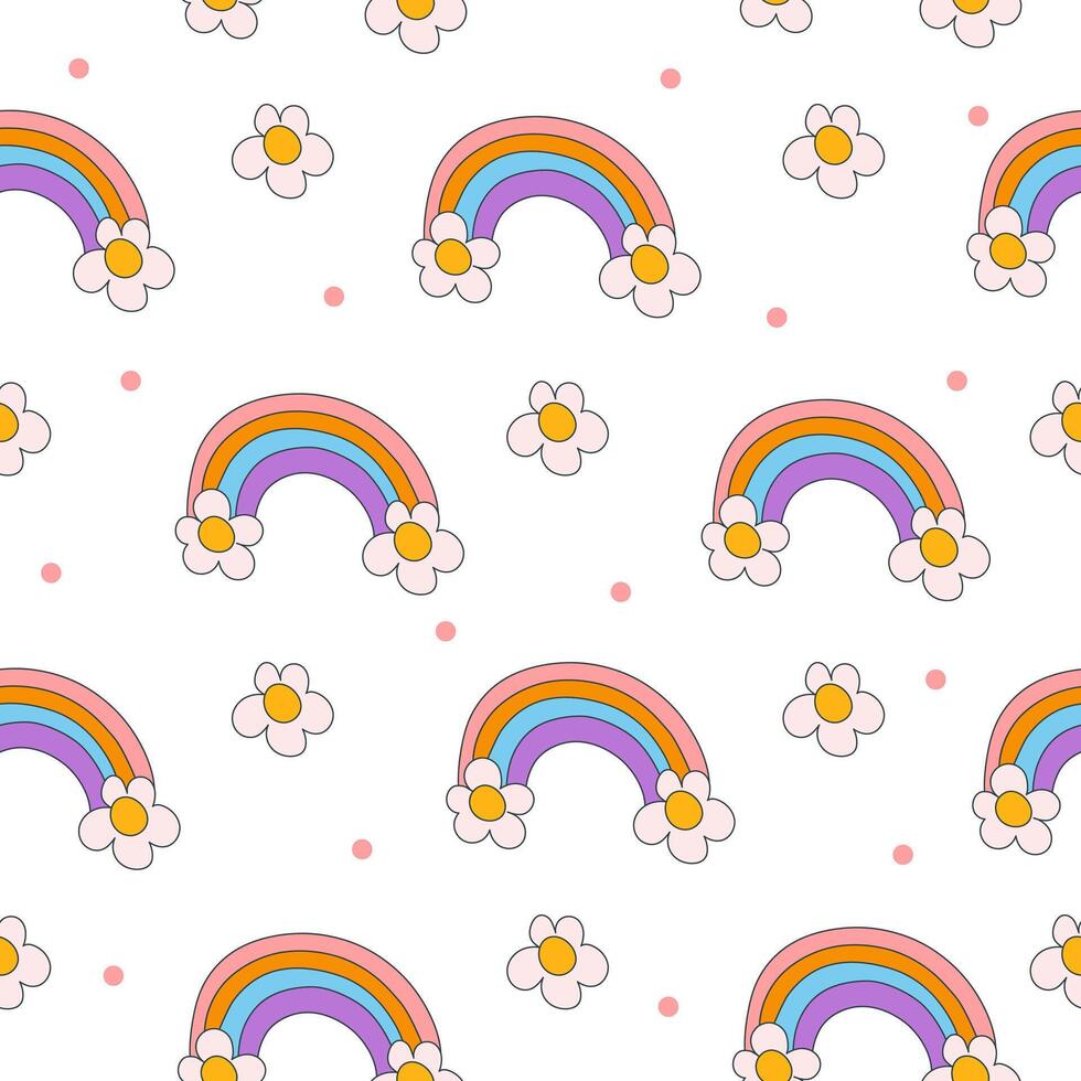 Seamless retro pattern in y2k style on white background. Hand drawn flower rainbows. Illustration for textile, paper, fabric, background, print design vector