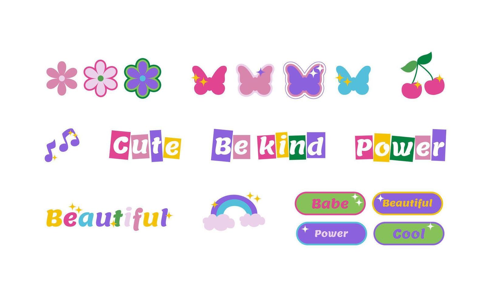 Set of trendy stickers in y2k style, 2000s retro design elements. Flower, heart, butterfly, raindower, cherry, be kind, power, cute, beautiful, cool, babe. Illustration isolated on white background vector