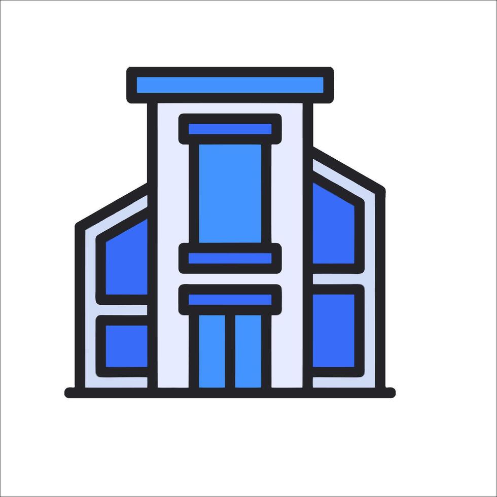 A building icon with a blue and white background vector