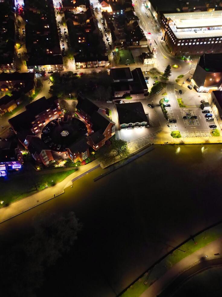 Aerial View of Illuminated Central Bedford City of England United Kingdom During Night. April 5th, 2024, High Angle Footage Was Captured after Sunset and Beginning of Night with Drone's Camera photo