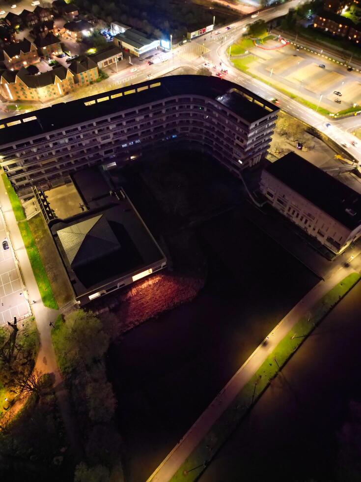 Aerial View of Illuminated Central Bedford City of England United Kingdom During Night. April 5th, 2024, High Angle Footage Was Captured after Sunset and Beginning of Night with Drone's Camera photo