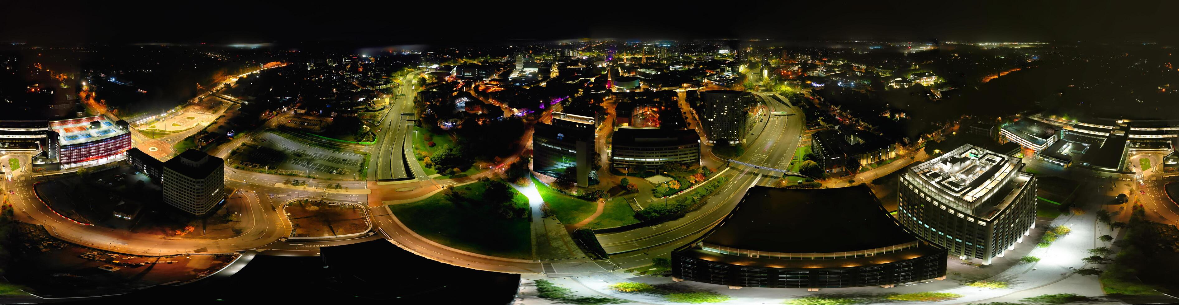Aerial View of Illuminated Historical Central Coventry City Centre Downtown of England United Kingdom. Night view Captured on After Midnight with Drone's Camera on October 23rd, 2024 photo