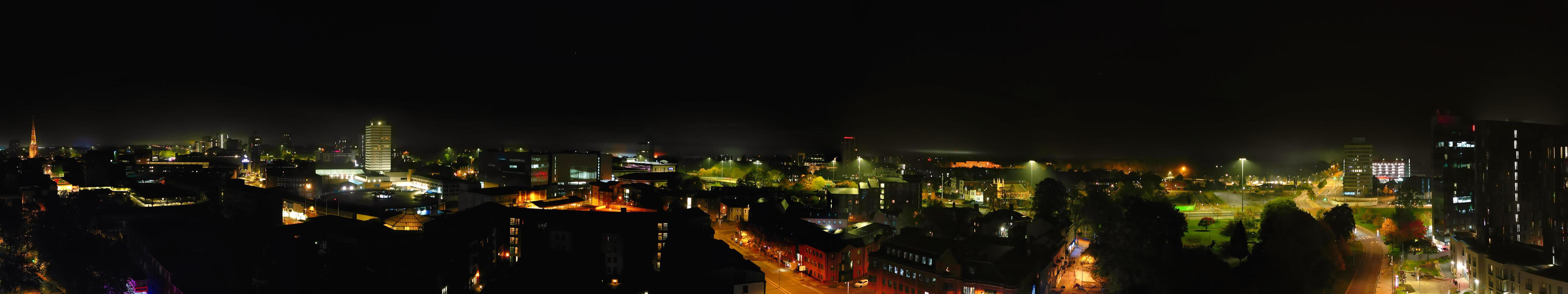 Aerial View of Illuminated Historical Central Coventry City Centre Downtown of England United Kingdom. Night view Captured on After Midnight with Drone's Camera on October 23rd, 2024 photo