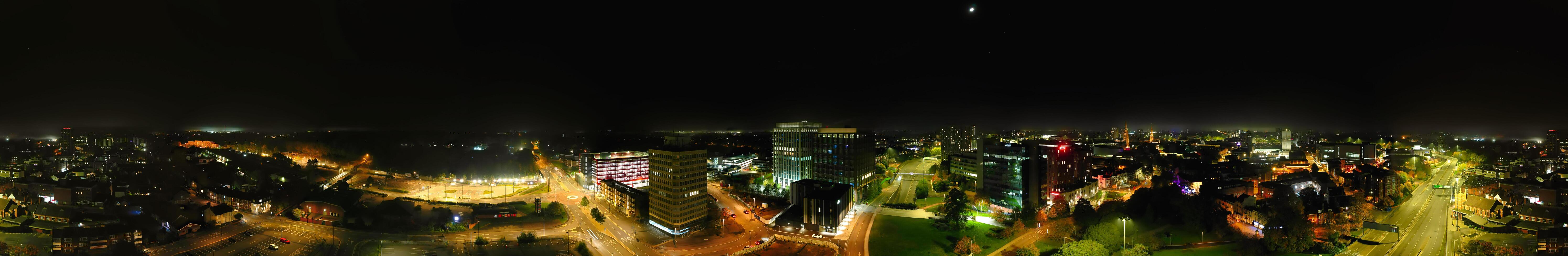 Aerial View of Illuminated Historical Central Coventry City Centre Downtown of England United Kingdom. Night view Captured on After Midnight with Drone's Camera on October 23rd, 2024 photo