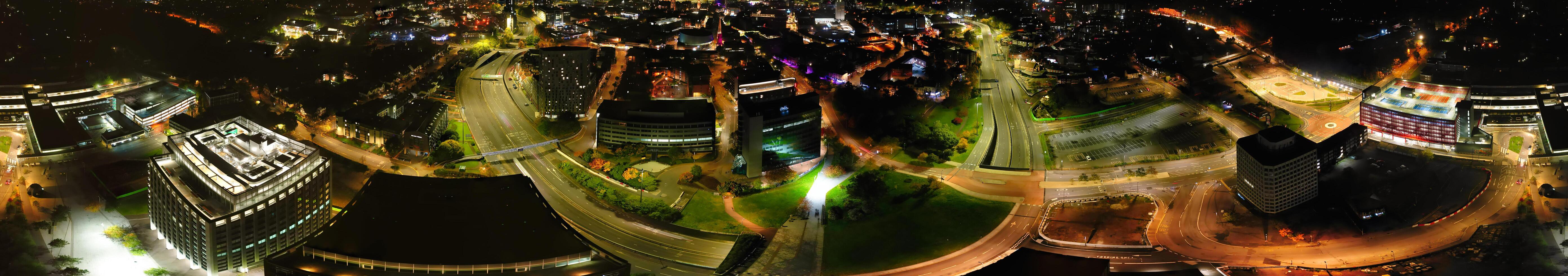 Aerial View of Illuminated Historical Central Coventry City Centre Downtown of England United Kingdom. Night view Captured on After Midnight with Drone's Camera on October 23rd, 2024 photo