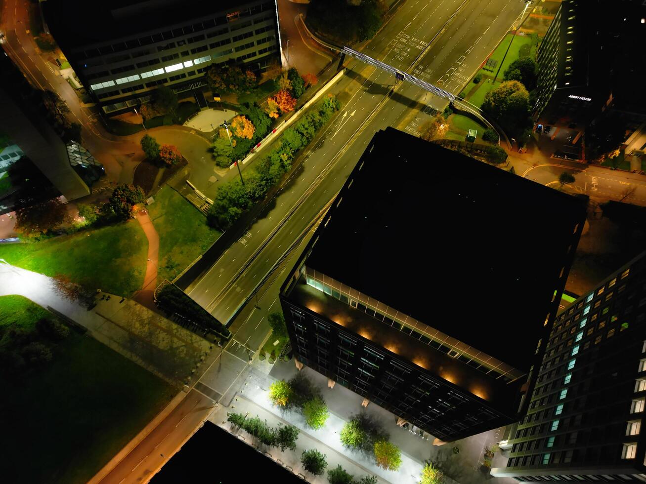 Aerial View of Illuminated Historical Central Coventry City Centre Downtown of England United Kingdom. Night view Captured on After Midnight with Drone's Camera on October 23rd, 2024 photo