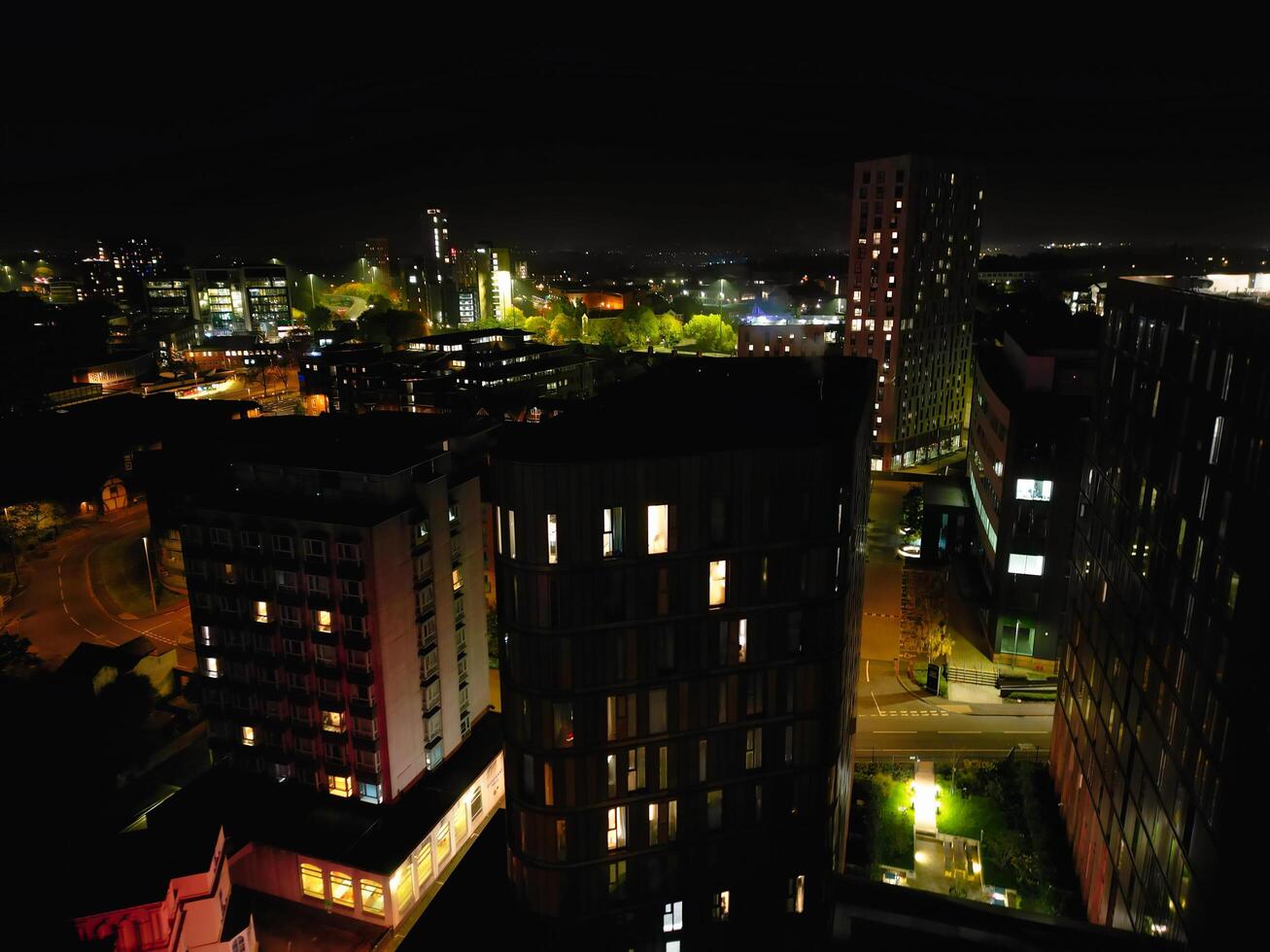 High Angle View of Illuminated Historical Central Coventry City Centre Downtown of England United Kingdom. Aerial footage Was Captured on After Midnight with Drone's Camera on October 23rd, 2024 photo