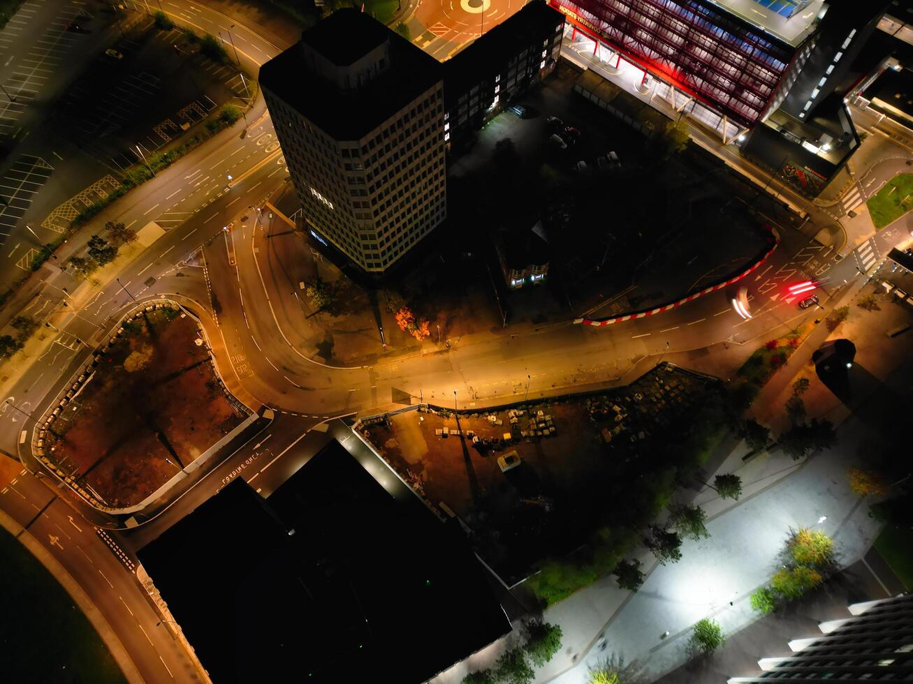 High Angle View of Illuminated Historical Central Coventry City Centre Downtown of England United Kingdom. Aerial footage Was Captured on After Midnight with Drone's Camera on October 23rd, 2024 photo