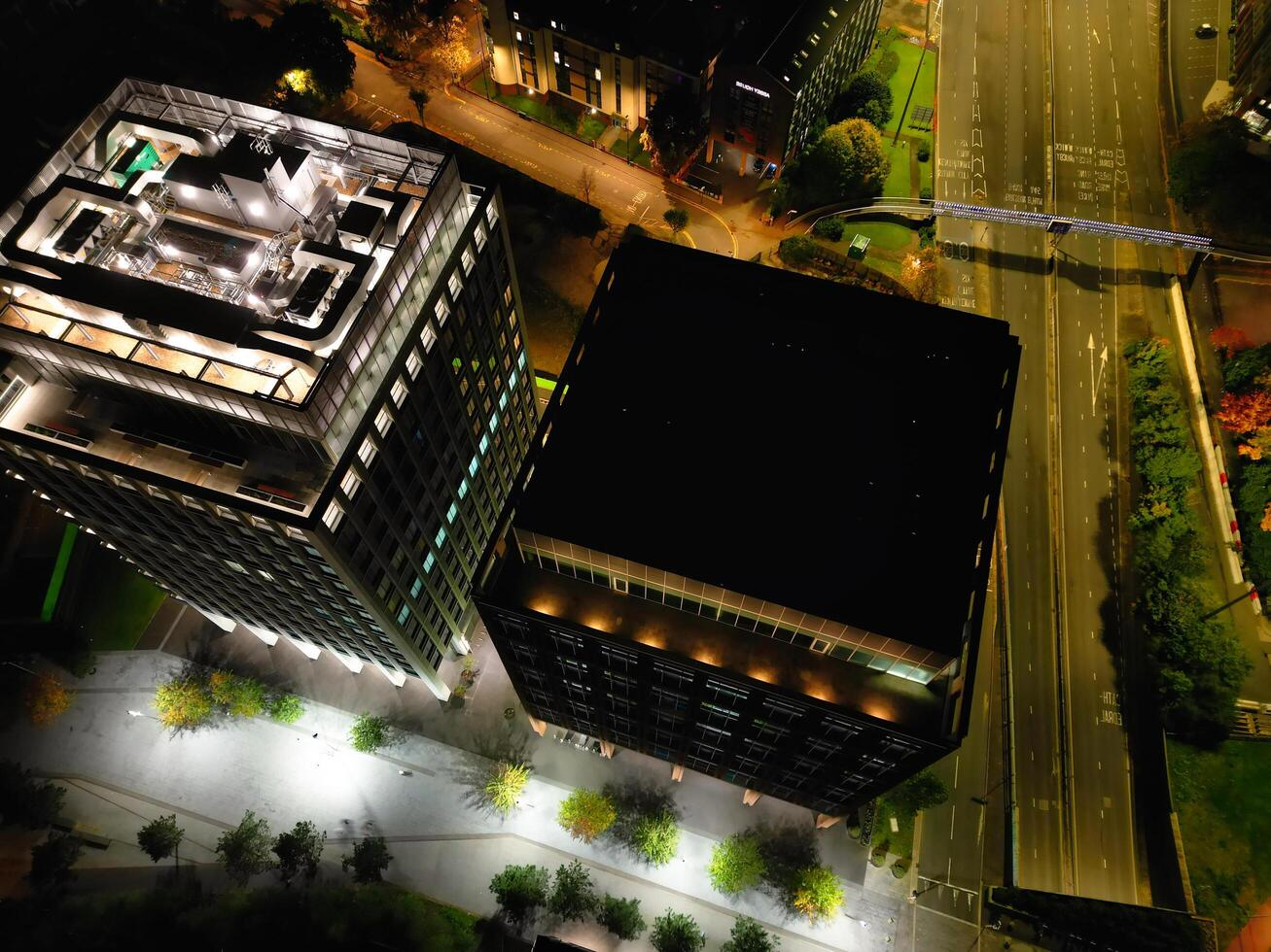High Angle View of Illuminated Historical Central Coventry City Centre Downtown of England United Kingdom. Aerial footage Was Captured on After Midnight with Drone's Camera on October 23rd, 2024 photo