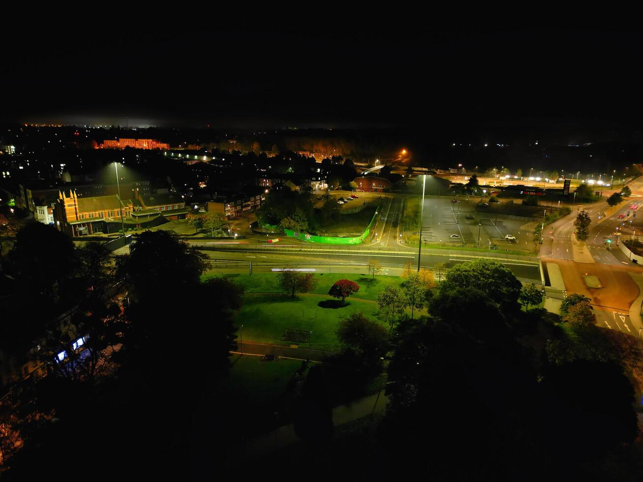 High Angle View of Illuminated Historical Central Coventry City Centre Downtown of England United Kingdom. Aerial footage Was Captured on After Midnight with Drone's Camera on October 23rd, 2024 photo