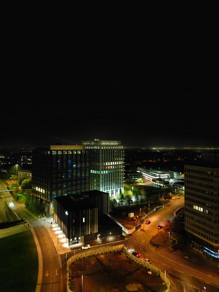 High Angle View of Illuminated Historical Central Coventry City Centre Downtown of England United Kingdom. Aerial footage Was Captured on After Midnight with Drone's Camera on October 23rd, 2024 photo