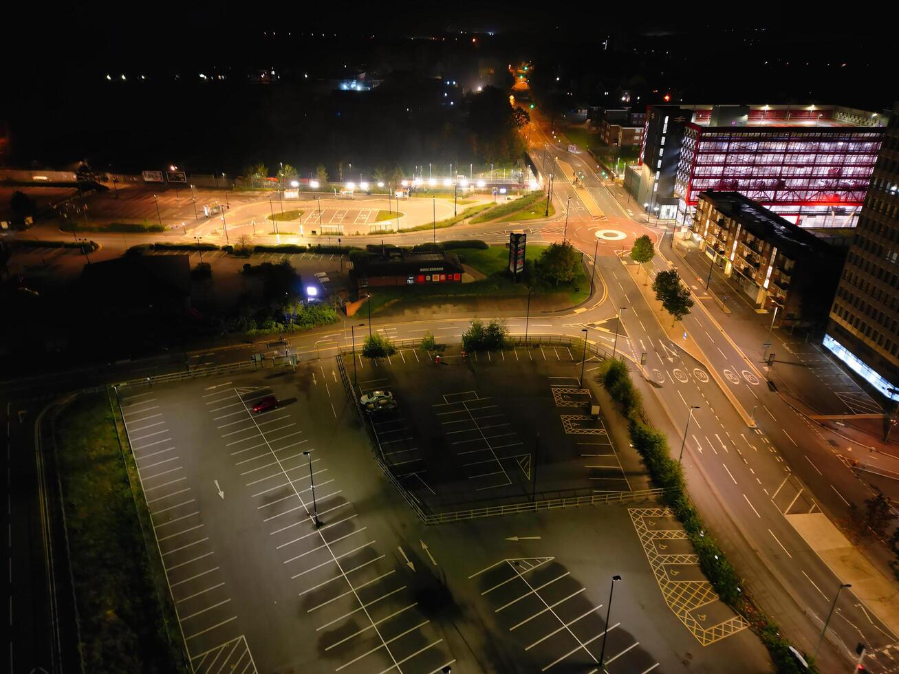 High Angle View of Illuminated Historical Central Coventry City Centre Downtown of England United Kingdom. Aerial footage Was Captured on After Midnight with Drone's Camera on October 23rd, 2024 photo