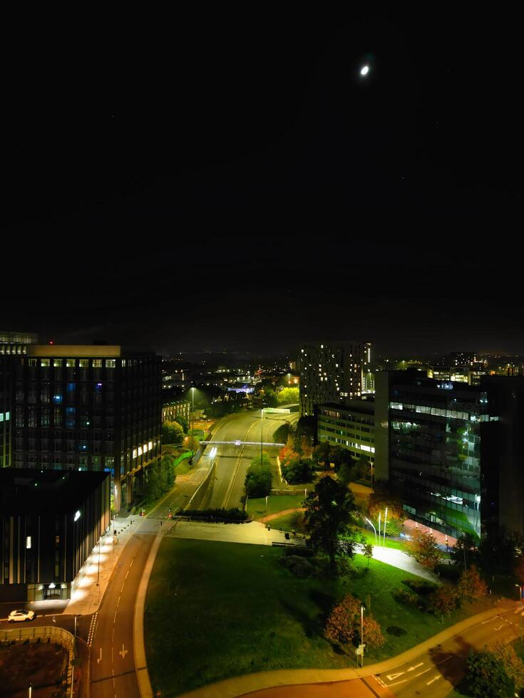 High Angle View of Illuminated Historical Central Coventry City Centre Downtown of England United Kingdom. Aerial footage Was Captured on After Midnight with Drone's Camera on October 23rd, 2024 photo